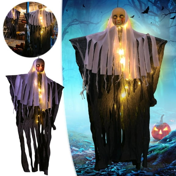 100Fens Halloween Hanging Decorations Outdoor Scary Skeleton with LED Lights Hanging Ghosts Skull for Halloween Outside Decor for Yard Patio Garden Party Fall Decor