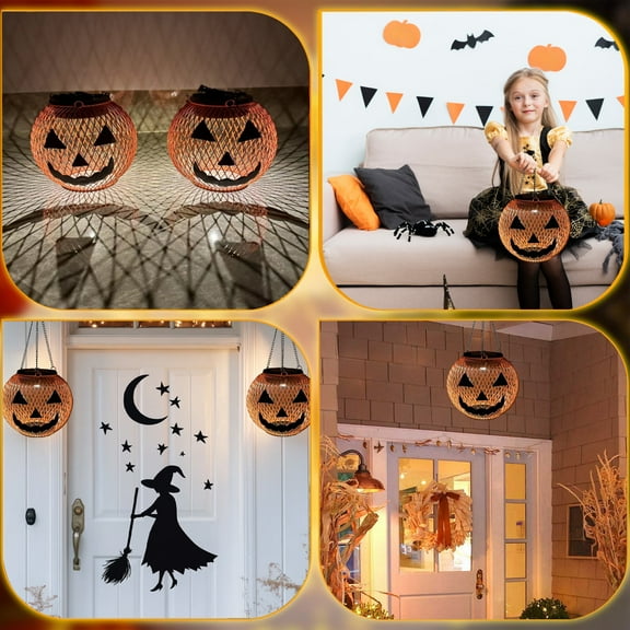 100Fens Halloween Hanging Solar Lantern Pumpkin Lantern Portable Hanging Waterproof For Backyard Garden Porch Tree Decoration Halloween Ambience Decoration