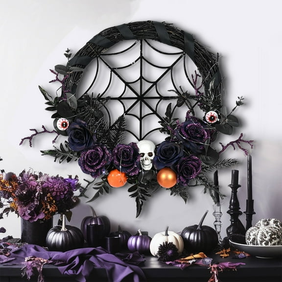 100Fens Halloween Wreath Simulation Wreath Festival Decoration Home Door Pendant Black Holiday Party Wreath Halloween Ambience Decoration