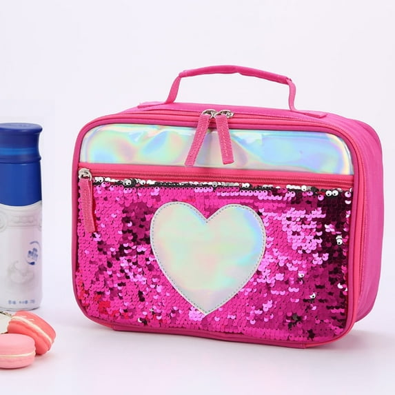 100Fens Handheld Lunch Insulation Box, Reusable Insulated Flip Sequins Lunch Tote Bag Handheld Box Roomy Carry Bag Lunchbox for Travel Meal Tote Kit