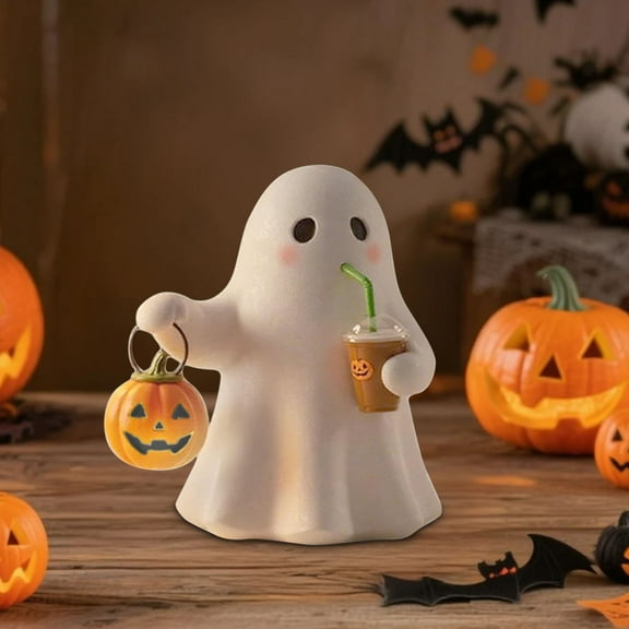 100Fens Handmade Ghost Coffee Pumpkin Night Light Halloween Cute LED Spooky Ghost Statue Lamp Decorations Holiday Resin Mini Gothic Light Up Desktop Ornaments Halloween Ambience Decoration
