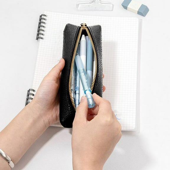 100Fens Leather Pencil Case Leather Pen Bag Slim Pencil Pouch Lovely Stationery Bag Portable Cosmetic Bag Zipper Organizer Bag