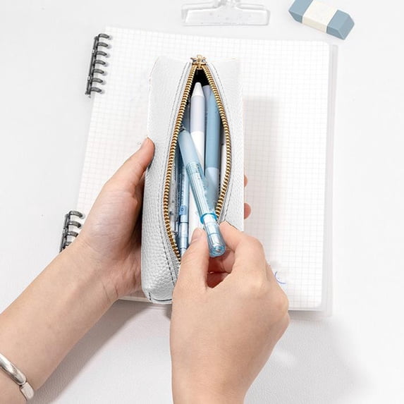 100Fens Leather Pencil Case Leather Pen Bag Slim Pencil Pouch Lovely Stationery Bag Portable Cosmetic Bag Zipper Organizer Bag