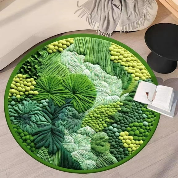 100Fens Round Green Moss Carpet,Imitation,Floor Mat For Bedroom And Living Room,Non-Slip Balcony Hanging Basket Floor Mat,Bedside Blanket For Bedroom