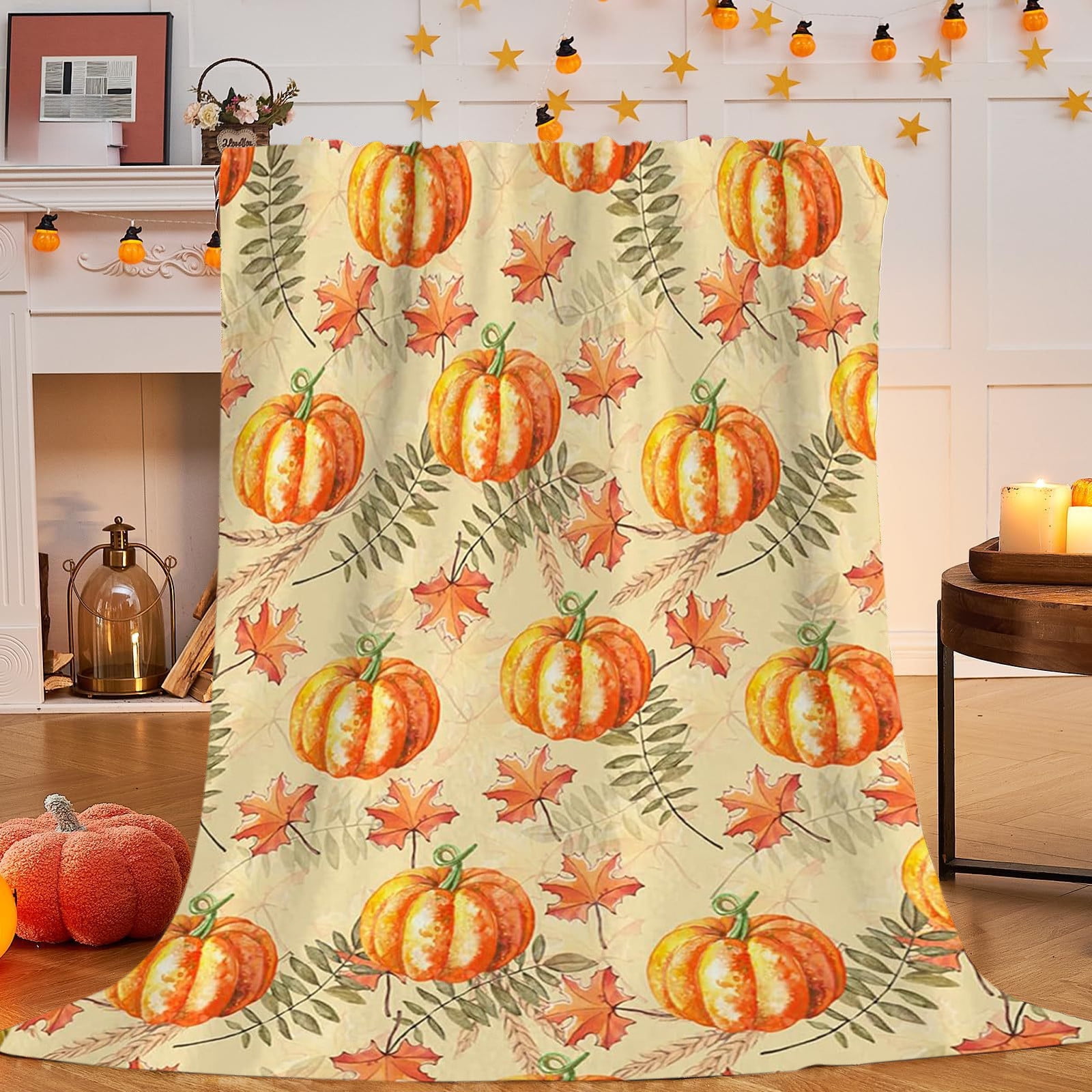 100Fens Soft Fall Pumpkin Throw Blanket with Maples, Cozy Flannel ...