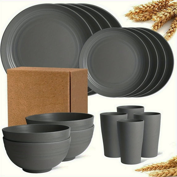 100Fens Bowl Plates Cup Tableware 16 Piece Solid Color Household Plastic Drop Resistants Tableware Set