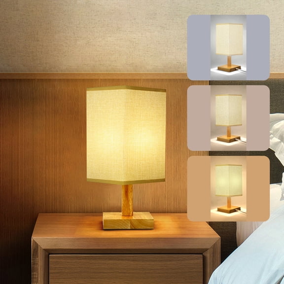 100Fens Table Lamp For Bedroom 3 Way Dimmable Nightstand Lamp With Round Flaxen Fabric Shade For Living Room Office Dorm,Solid Wood,Led Bulb Included