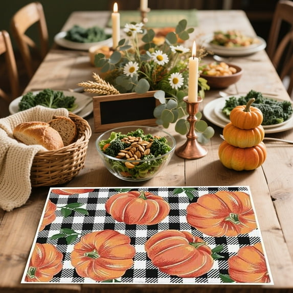 100Fens Thanksgiving Pumpkin Placemats Plaid Table Decor Fall Table Mats for Holiday Kitchen Dining Room Decoration Reusable Washable