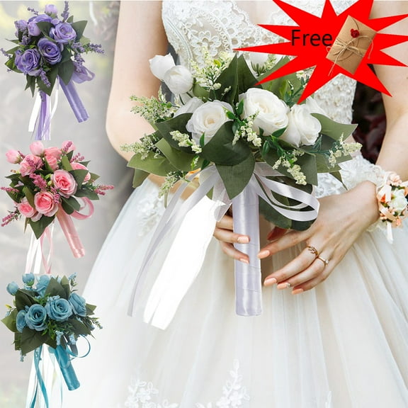 100Fens Valentine's Day Gift Wedding Bouquets For Bride Rose Bridal Bouquets for Bride, Artificial Flower Bouquet For Wedding, Bridesmaid Bouquets with Silk Ribbon
