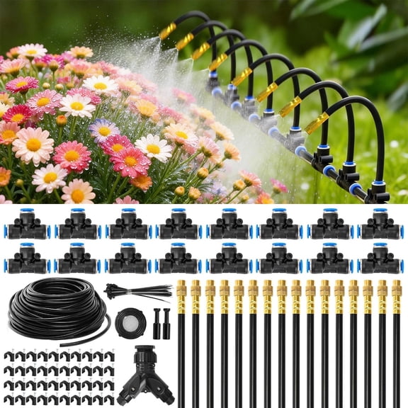 100Ft Drip Irrigation System Kit, Automatic Drip Irrigation Kit with 16pcs Adjustable Copper Nozzles,Automatic Atomizing Watering Sprinkler System for Outdoor,Raisedbed,Lawn,Greenhouse
