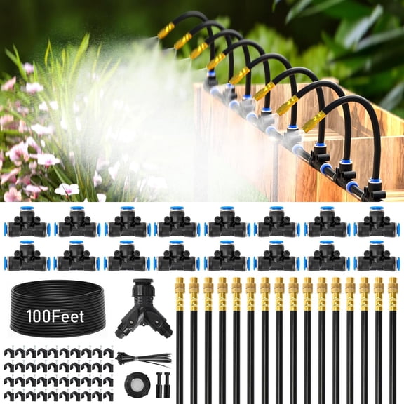 100Ft 1/4" Drip Irrigation System, Jorking Upgrade 360° Adjustable Garden Irrigation Kit with 16pcs Copper Nozzles
