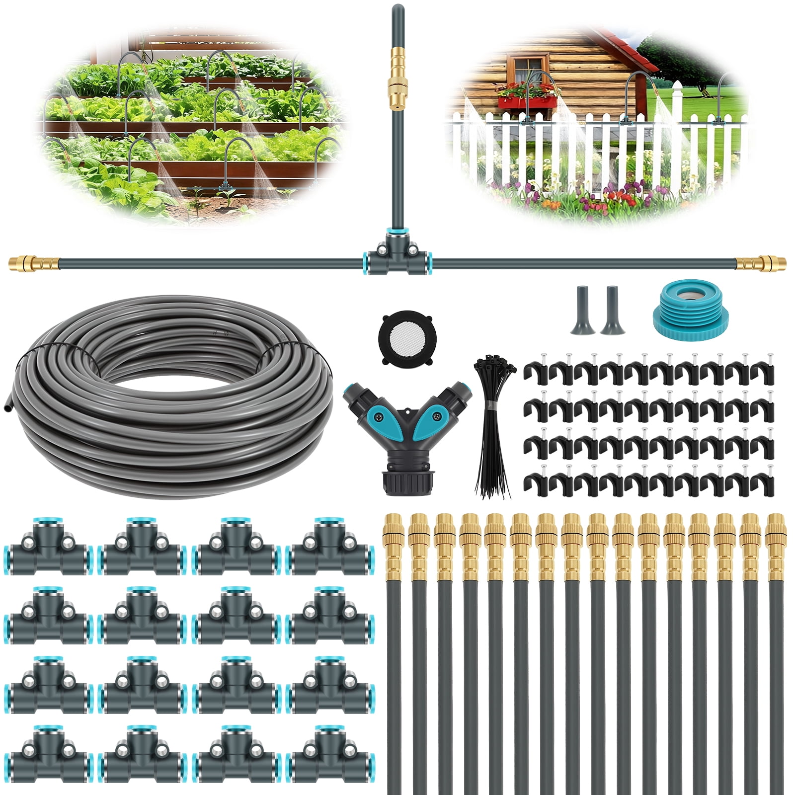 100Ft 1/4inch Drip Irrigation Kit Drip Irrigation System Garden Irrigation Kit with 360° Adjustable Copper Nozzles for Outdoor Greenhouse Lawn