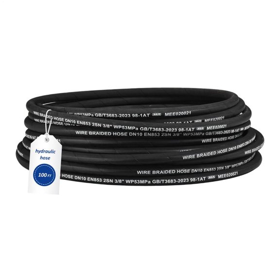 100Ft 3/8 Inch Hydraulic Hose with 36PCS Fittings, 2845PSI Coiled Rubber Line with 2 Steel Wire Braid for Industrial Transfer Between Components