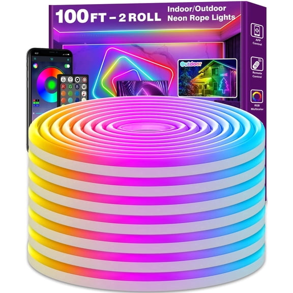 100Ft Neon Rope Lights,Flexible Led Rope Lights Control with App/Remote,Multiple Modes RopeLights,IP65 Outdoor RGB Led Neon Lights NonWater Resistant,Music Sync Gaming Led NeonLight Strip