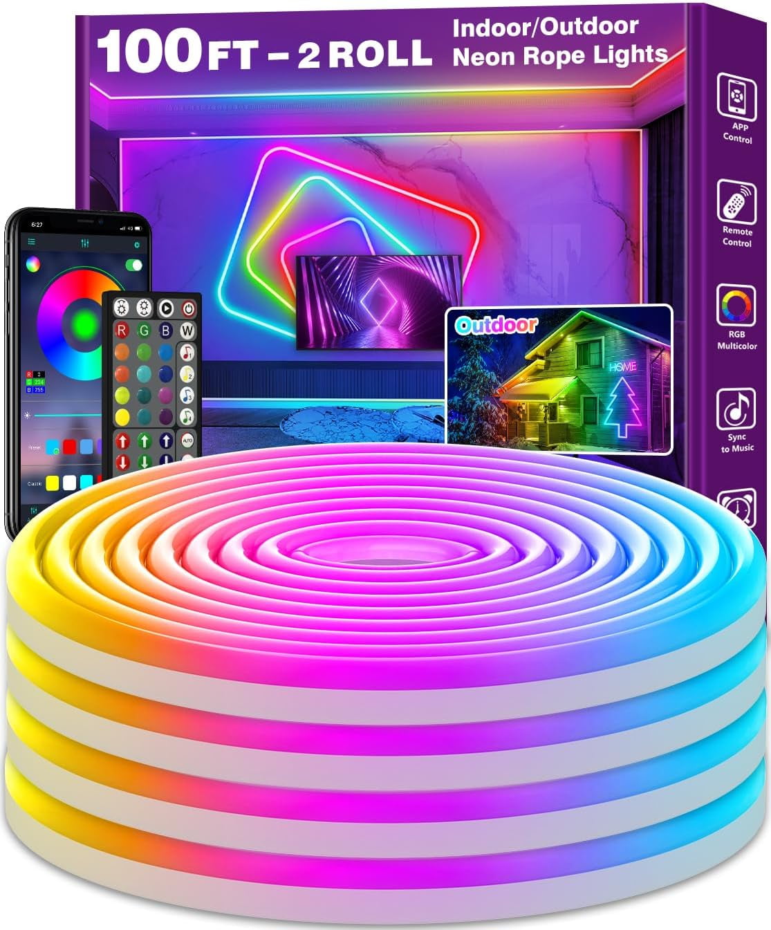 Bendable Rope Light 100Ft Neon Rope Lights,Flexible Rope Lights Control with App/Remote ...