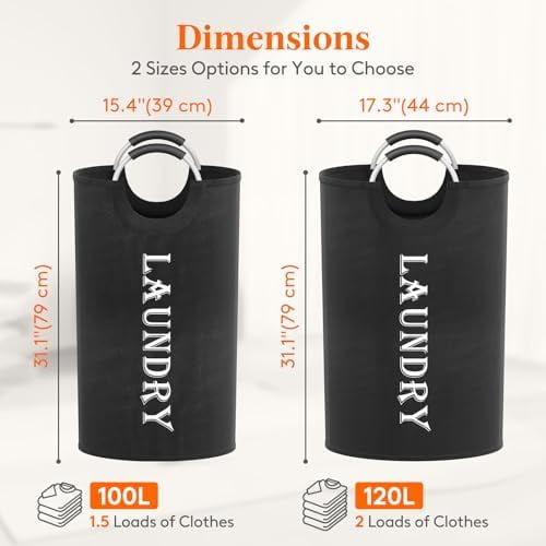 100L 2-Pack Large Laundry Basket, Collapsible Laundry Hamper with Aluminum Handles, Waterproof Freestanding Dirty Clothes Hampers for Laundry Room Bedroom Dorm Bathroom, Black