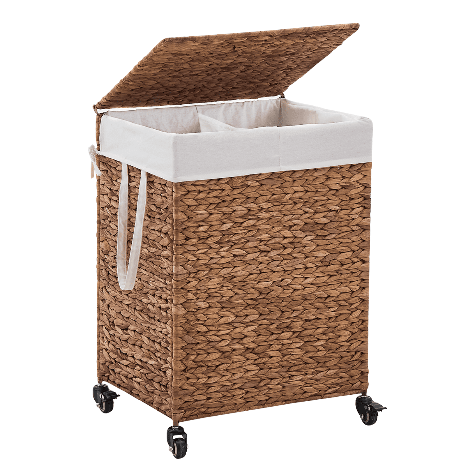 100L 2-Section Laundry Hamper with Lid and Wheels, Woven Natural Water Hyacinth