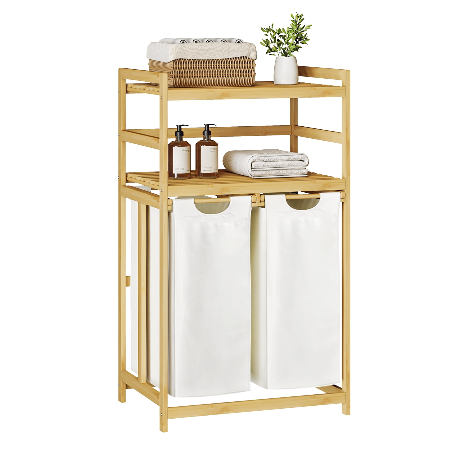 Bag Sortation Rack 100L Bamboo Laundry Hamper with 2 Removable Bags, 2-Tier Laundry Sorter ...
