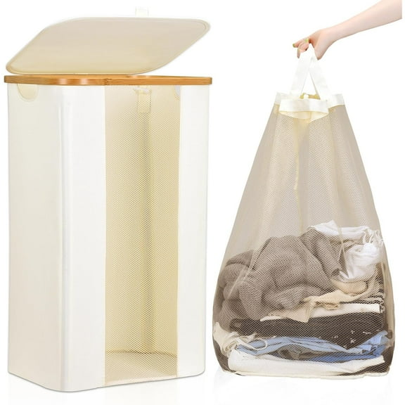 100L Bamboo Laundry Hamper with Lid, Large Capacity Clothes Basket with Clear Window, Foldable & Breathable Dirty Clothes Organizer