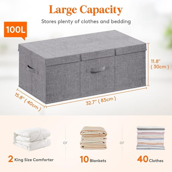 100L Under Bed Storage Containers, 11.8 Inch Tall Underbed Clothes Storage Organizer Bin with Sturdy Sidewalls, Bottom, 3 Lids, Deep Storage Drawer for Clothes, Shoes, Blankets, Pillows 2 Pack