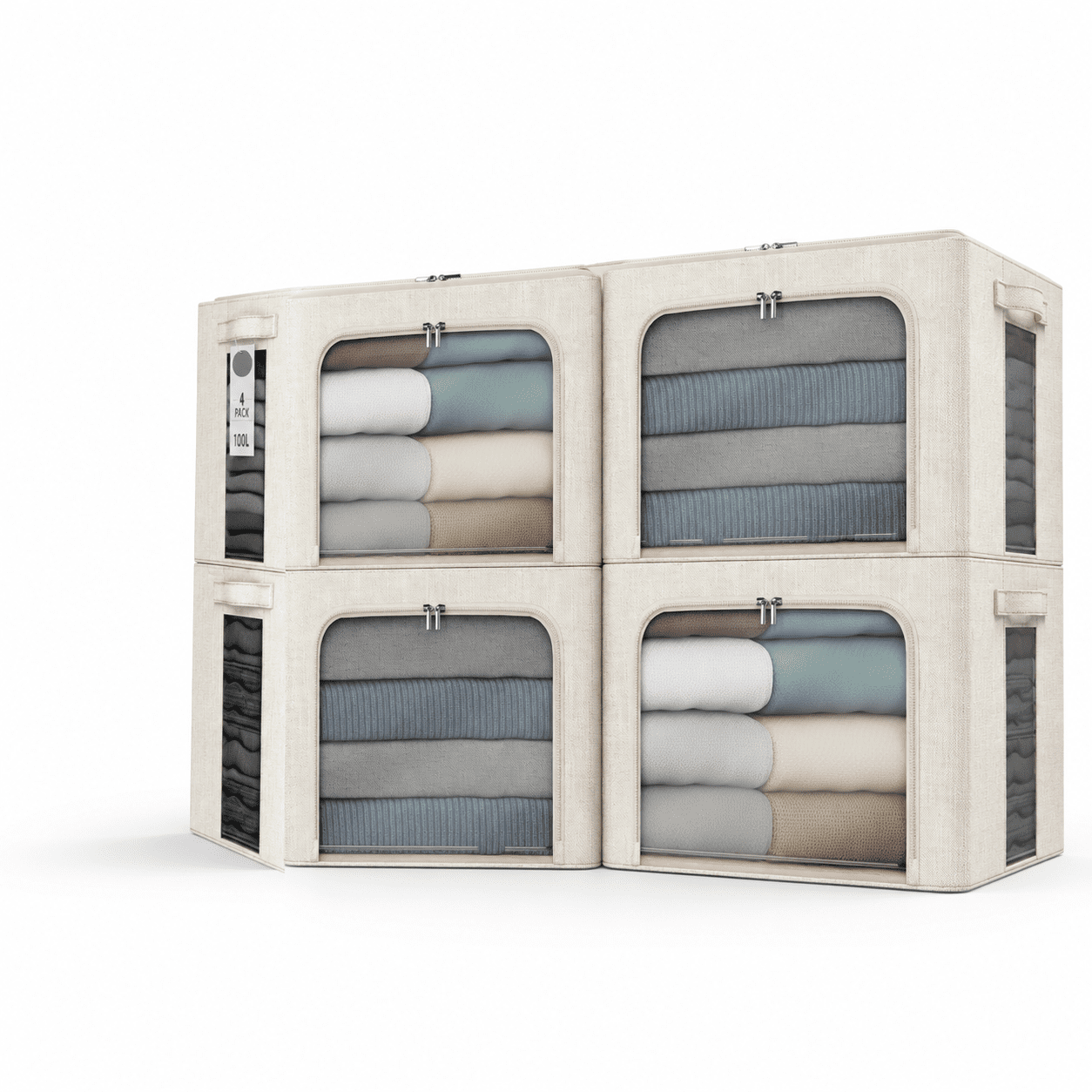 100L Beige Stackable Storage Box with Metal Frame, Foldable Organizer ...
