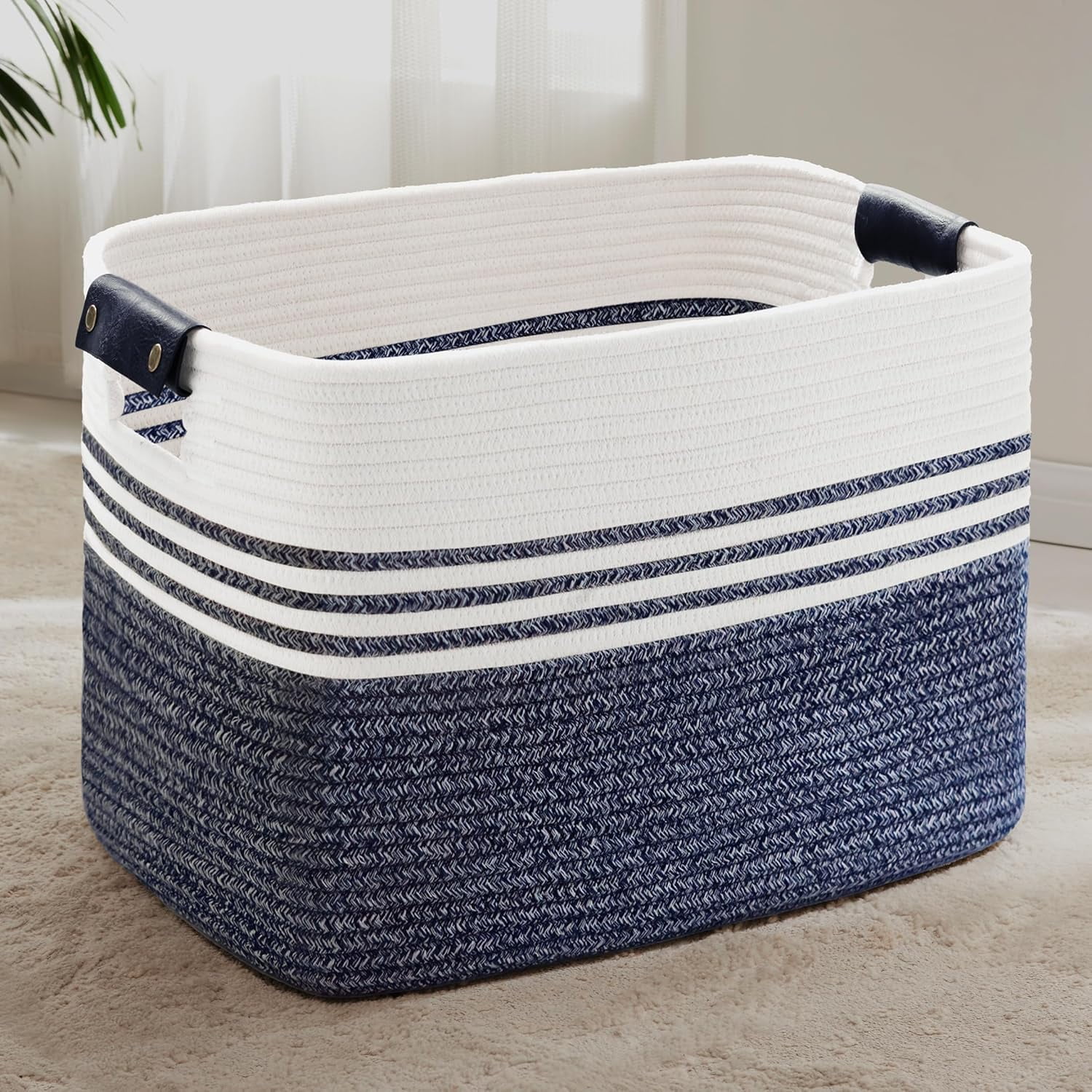 100L Extra Large Laundry Basket with Leather Handles for Living Room Storage,Woven Rope Baskets for Blanket,Kids Toy,Gifts,Wicker Hamper for Bedroom Dirty Clothes,24"x16"x16" Denim Blue