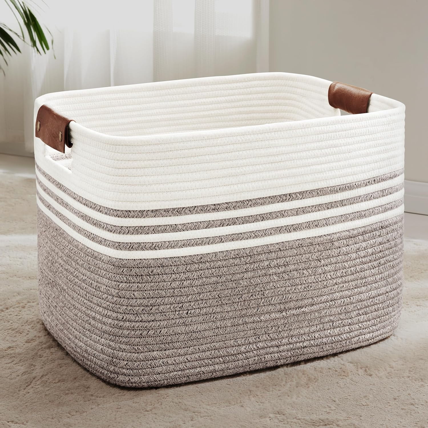 100L Extra Large Laundry Basket with Leather Handles for Living Room Storage,Woven Rope Baskets for Blanket,Kids Toy,Gifts,Wicker Hamper for Bedroom Dirty Clothes,24"x16"x14" Dark Brown