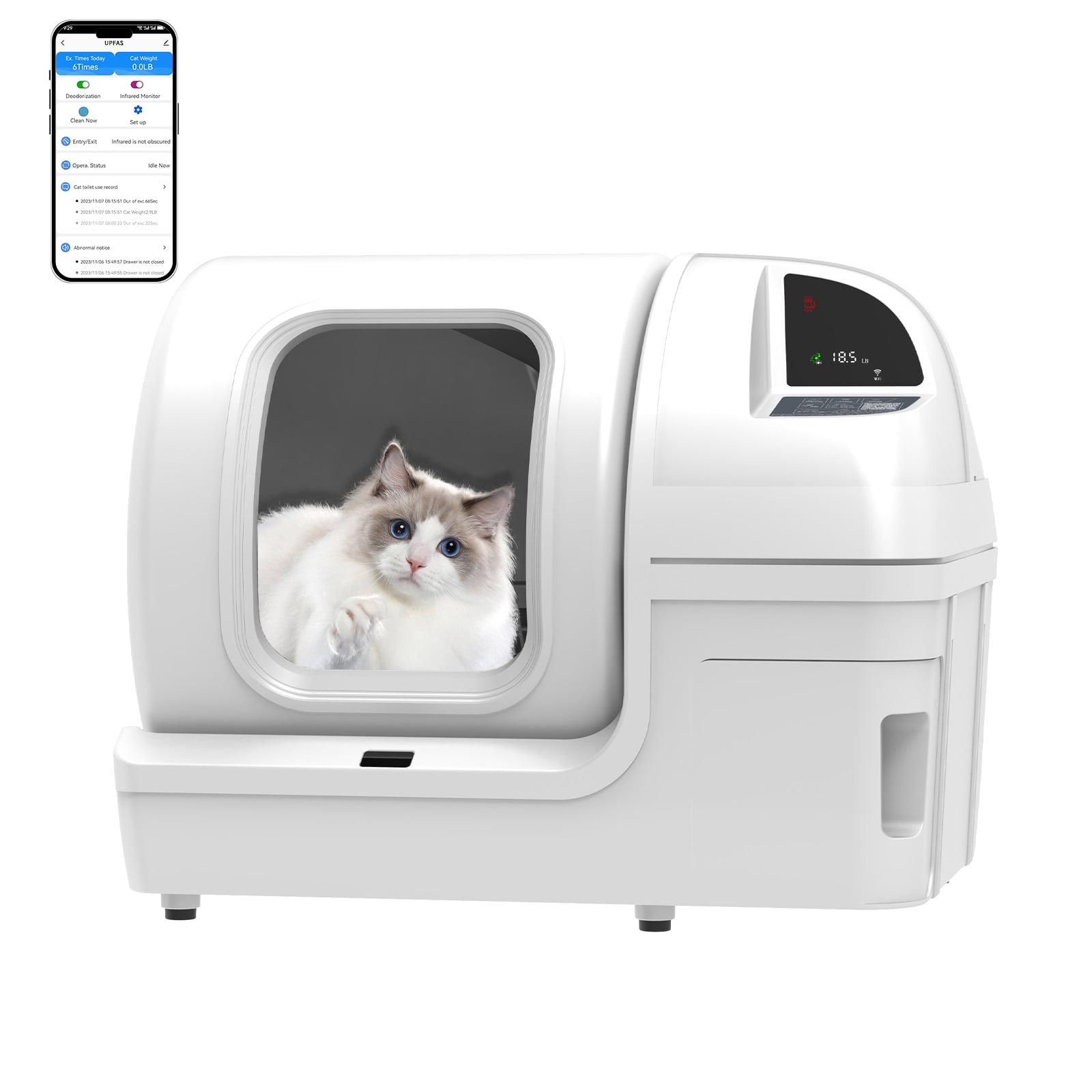 100L Extra Large Self Cleaning Litter Box - APP Control Auto Deodorising Smart Safe & Secure Automatic Cat Litter Box, White