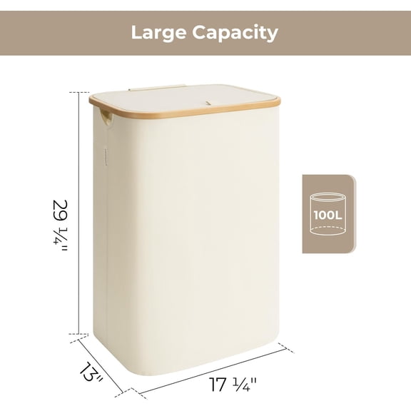 100L Large Tall Laundry Basket with Lid - Beige Collapsible Hamper with Bamboo Handles & Removable Bag