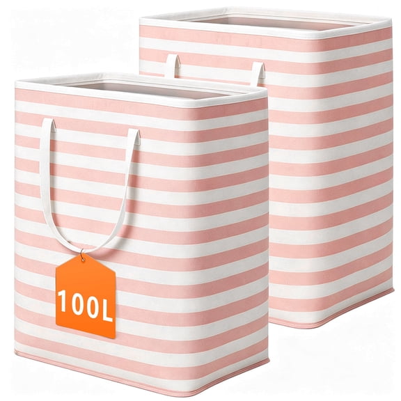 TickJOY 2-Pack 100L Collapsible Laundry Basket with Handles, Large Capacity, Waterproof Freestanding Laundry Hamper, Tall Clothes Hamper for Storage in Dorm, Home, Camping - Pink White