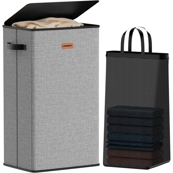 100L Laundry Hamper with Lid, Large Clothes Hampers with Removable Bag, Collapsible Laundry Basket for Bathroom, Bedroom, Laundry Room, Dorm, Grey