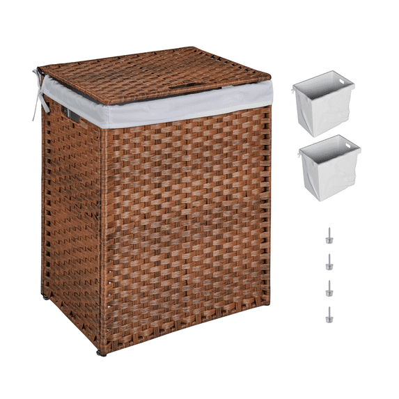 100L Laundry Hamper with Lid PE Rattan Powder Coating Frame Clothes Hampers with Two Removable Bags, Wheels, Brown