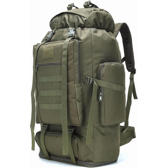 100L Olive Green Tactical Hiking Backpack with Expandable 70L Capacity, Water-Resistant Oxford Fabric, Front-Loading Design and 6 Pockets