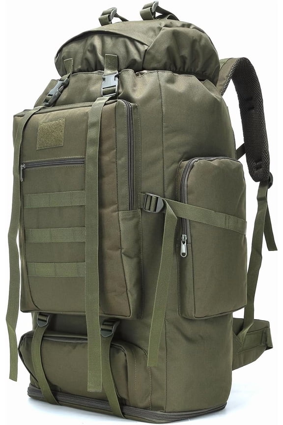 100L Olive Green Tactical Hiking Backpack with Expandable 70L Capacity, Water-Resistant Oxford Fabric, Front-Loading Design and 6 Pockets