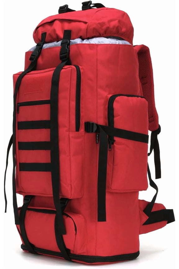 100L Red Hiking Backpack for Camping and Climbing Water-Resistant, Expandable, Front-Loading with Laptop Sleeve