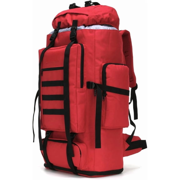100L Red Hiking Backpack for Camping and Climbing Water-Resistant, Expandable, Front-Loading with Laptop Sleeve