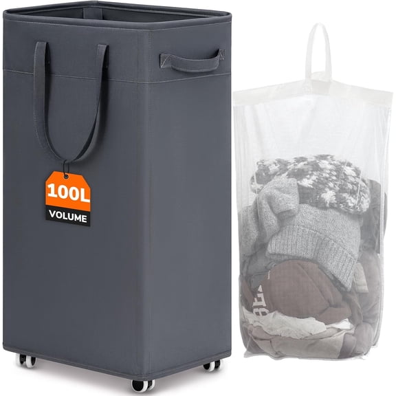 100L Rolling Laundry Basket with Wheels, Large Collapsible Laundry Hamper with Removable Wash Bag Space for Corner Dorms, Grey