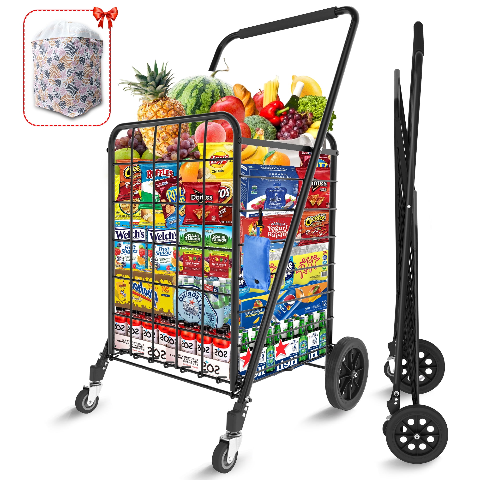 100L Shopping Cart for Groceries Upgraded Grocery Cart on Wheels Collapsible Rolling cart Portable Utility Cart with Shopping Bag for Laundry