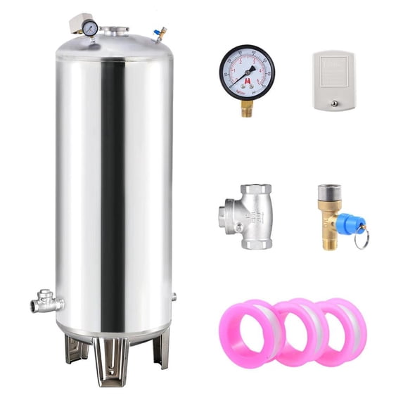 100L Well Pump Pressure Tank, Vertical 304 Stainless Steel Water Pressure Tank with Port & Check Valve, Pressurized Water Tanks with Complete Kit for Farm Kitchen Garage