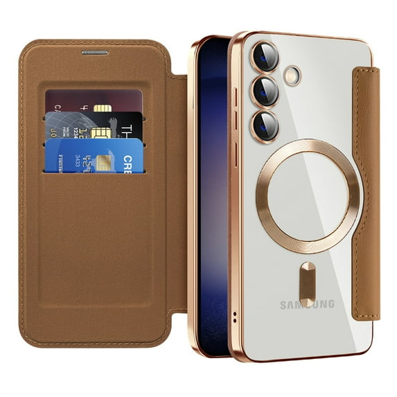 Feishell Flip Case for Samsung Galaxy A15 with Camera Lens Protect Film,Magnetic Closure PU Leather Folio Case with RFID Blocking Card Slots Luxury Plating Transparent Phone Cover,Brown