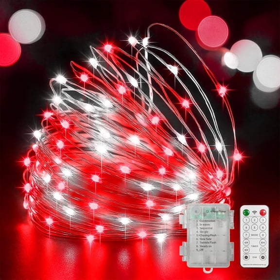 100LED String Light, Fairy Lights Battery Operated, Remote Control Timer Twinkle String Lights 8 Modes Firefly Lights for Garden Party Indoor Decor (White+Red)