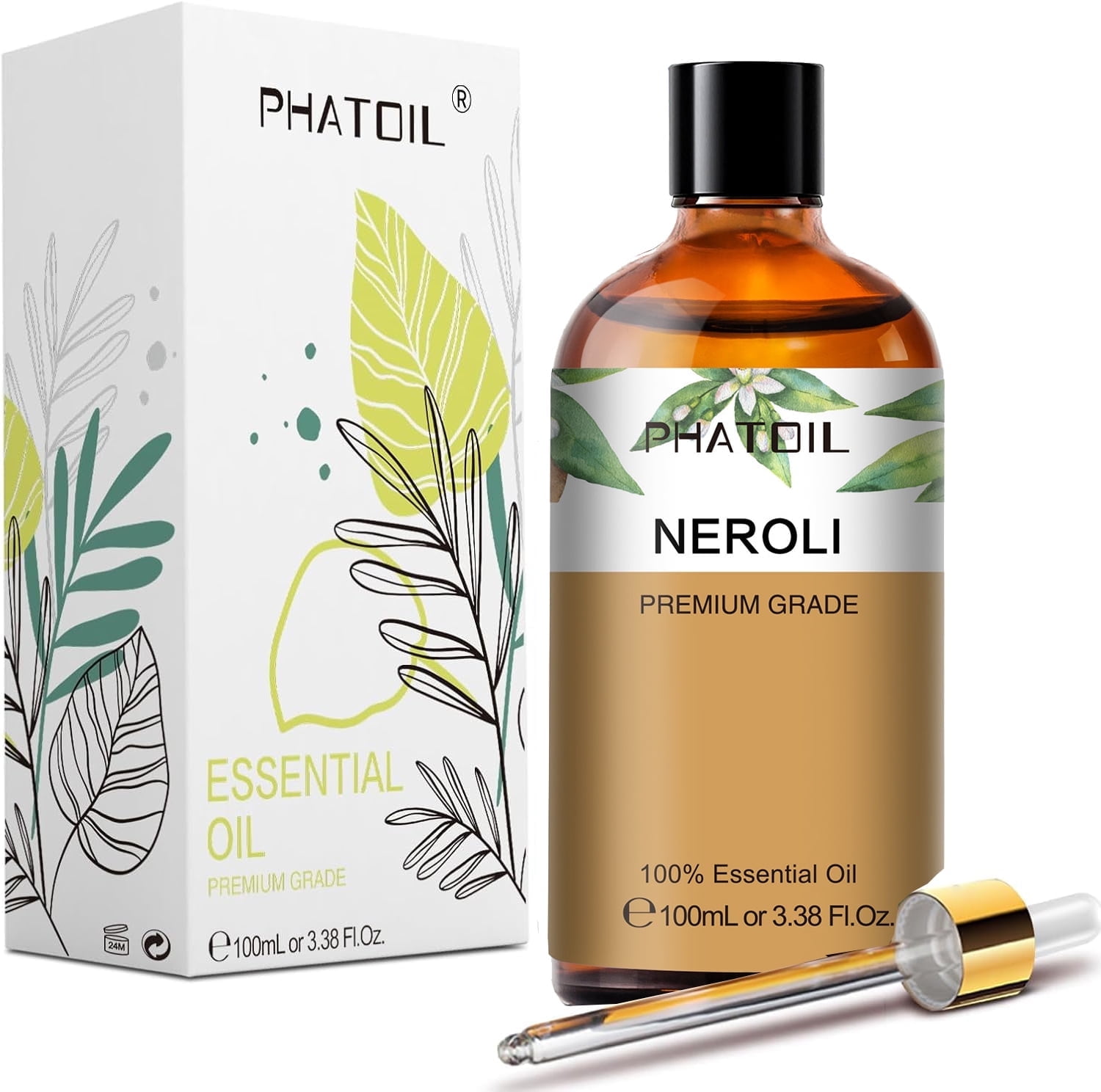 PHATOIL 3.38 Fl Oz Neroli Essential Oil for Diffuser Skin, 100% Pure Natural Neroli Oil for Aromatherapy, Candle, Bath Bomb & Soap Making Scent DIY, Floral Scent