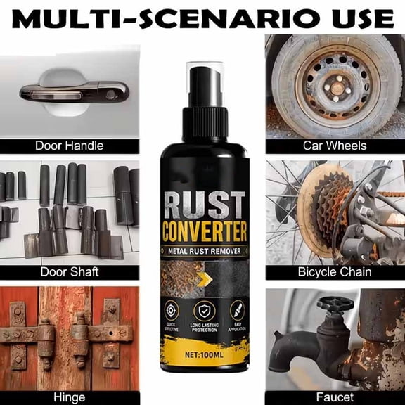 100ML Rust Converter Spray, Metal Rust Remover and Inhibitor for Car Bike Tools, Heavy Duty Metal Cleaner for Vehicles, Tools, Chains, Iron Out Rust Stain Remover, Long-Lasting Protection