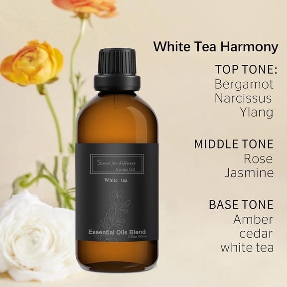 100ML White Tea Harmony Essential Oil for Cold-Air HVAC Aromatherapy Diffuser, Natural Fragrance Oils for Home Hotel Office, Top Note Bergamot Middle Rose Base Amber Cedar, Pure -Friendly Blend