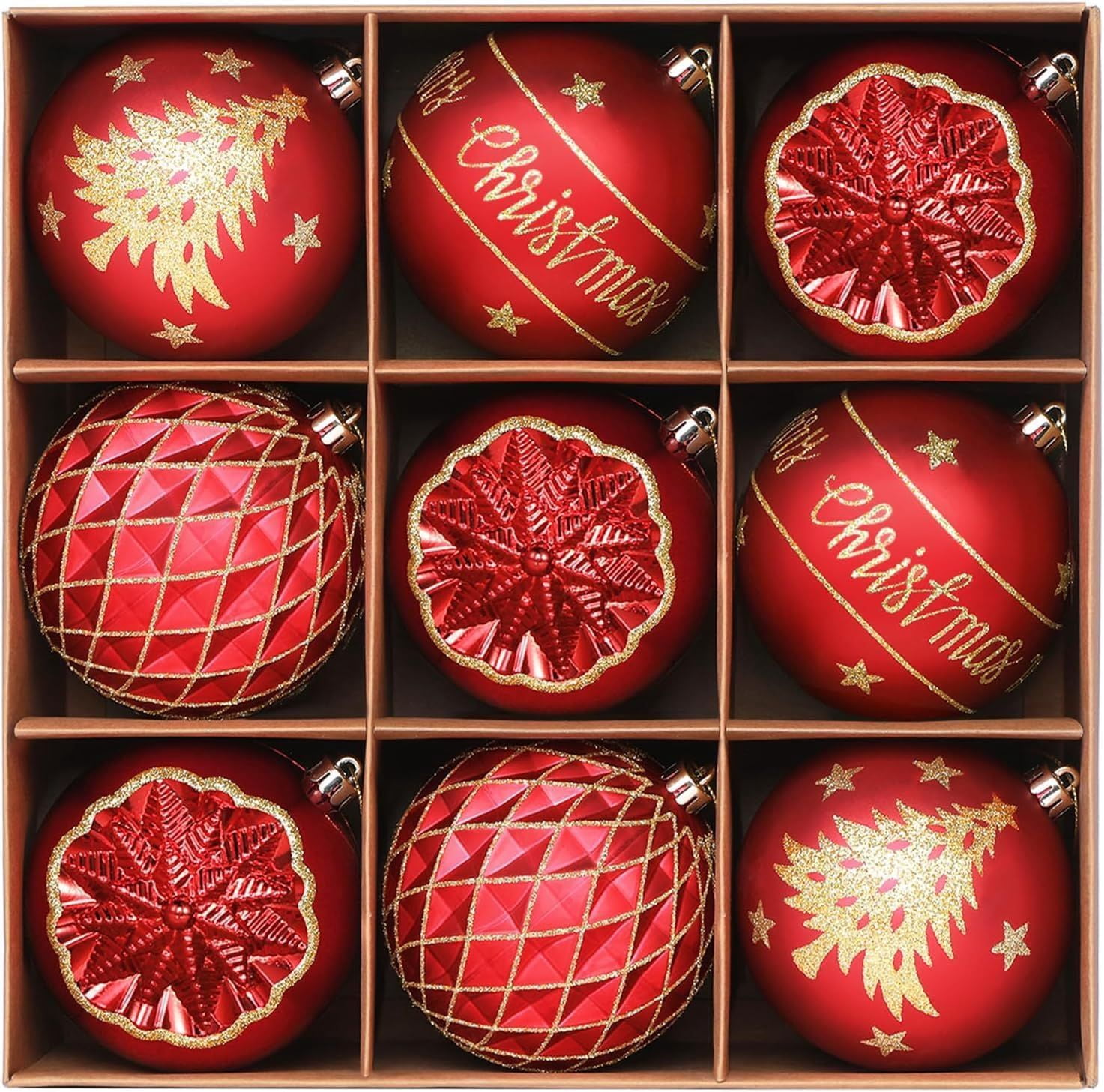 100MM/4 Inch 9PCS Large Christmas Balls Ornaments, Shatterproof Plastic Hanging Big Baubles Set for Xmas Tree Decoration Holiday Party Wedding Decorations with Hook