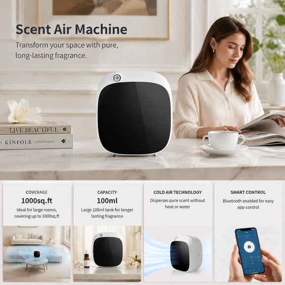 100Ml Smart Bluetooth Scent Air Machine, Waterless Cold Air Essential Oil Diffuser with 1000 Sq Ft Coverage for Home, Office and Spa