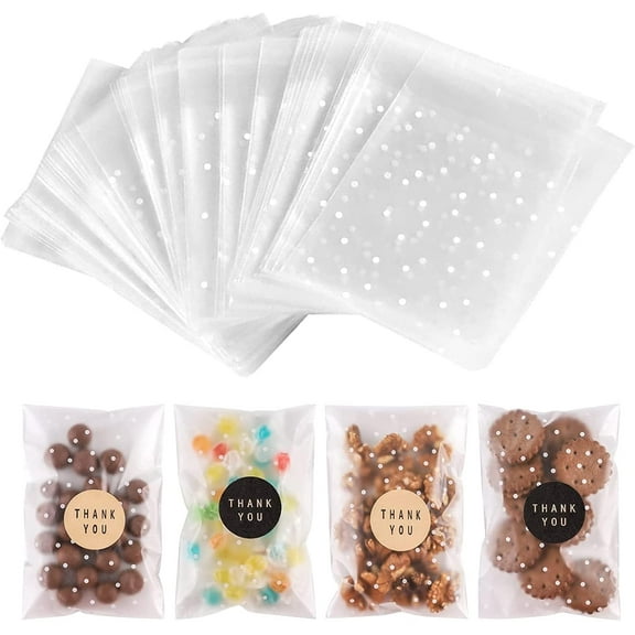 100PACK Self Adhesive Cookie Bags Cellophane Treat Bags Thank You Candy Bags for Gift Giving with Stickers(White Polka Dot,4x6 INCH)