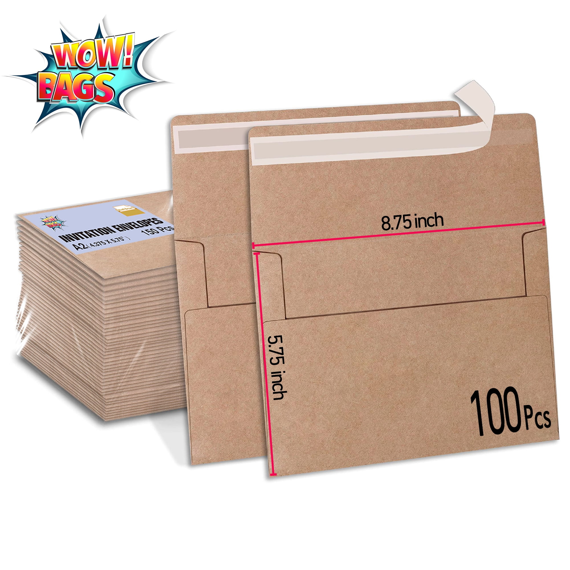 100PC Brown Invitation Envelopes A9 Self Seal Mailing Envelopes 5.75X8.75 inches Kraft Paper