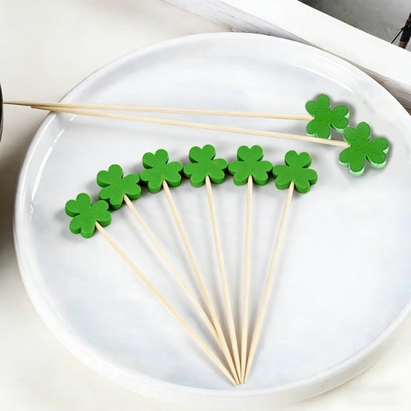 100PC St Patrick's Day Wooden Cocktail Picks, Green Shamrock Fruit Skewers, Irish-Themed Decorative Picks for Party Food Decor, St Patrick's Party Supplies