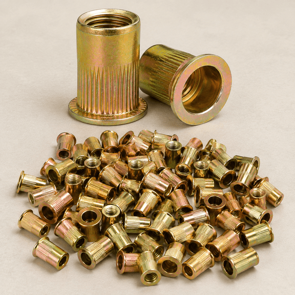 100PCS 1/4"-20 Rivet Nuts, Carbon Steel UNC Flat Head Rivets | Zinc Plated Flat Head Rivet, SAE Threaded Insert Nutsert Rivnuts Kit for Metal Sheet Automotive Fasteners